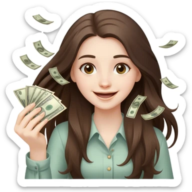 happy beautiful pale brunette girl with long hair throwing money sticker