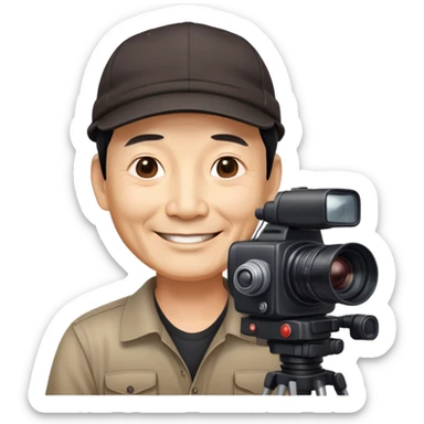 Chinese smiling 50years old male film producer with black eyes and wrinkles on the face  in dark shirt with dark cap and professional camera sticker