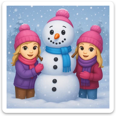 Add a snowy background behind the kids building a snowman, keep the original emoji style sticker