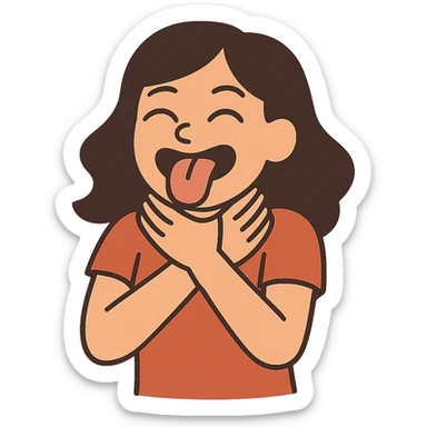 flat toon style girl with her hands wrapped around her own neck, laughing, tongue out sticker