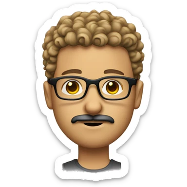 young caucasian curly high fade hair goatee, glasses and mustache sticker