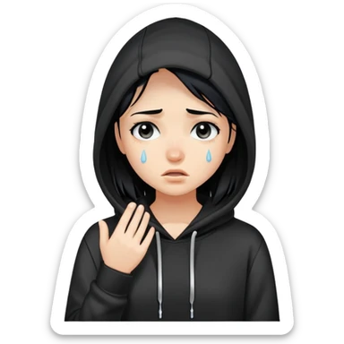 girl with black hair in black hoodie with tears streaming down her face sticker