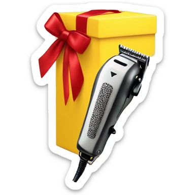 hair clipper with a barber pole near yellow preent box with red bow sticker