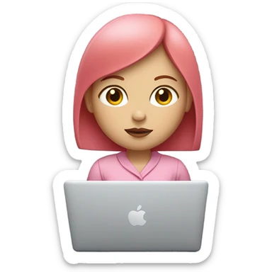 Very pretty girl with straight short red hair, white skin, big pinky lips, big eyes, calm face, in pink clothes works on macbook sticker