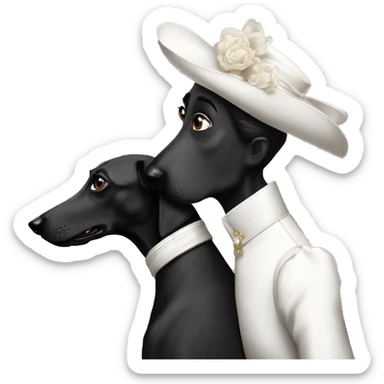 Two aristocrat dog black and white galgo kiss with women  sticker