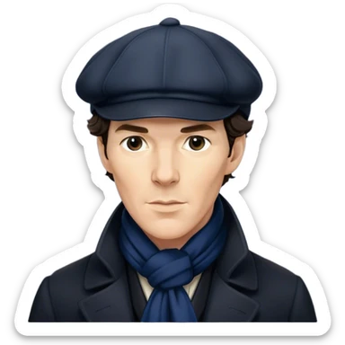 sherlock holmes benedict cumberbatch, wearing a deerstalker hat, Long dark coat, Dark suits, dark Blue scarf sticker