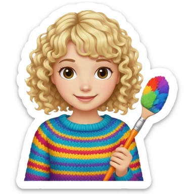smiling model girl with curly blonde hair and bangs with brushes and colourful  knitted sweater sticker