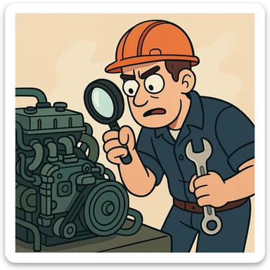 cartoon illustration of machine maintenance, a technician with helmet inspecting an engine, vibrant colors sticker