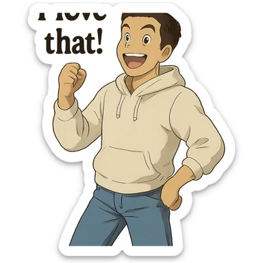 1 male, mid fade haircut dark chestnut brown hair, lighter tan skin, white athletic hoodie sleeves up, faded fashion jeans, red fashion-sneakers shoes, pose from my hero academia:  A portrait showing him saying : "I love that!" sticker