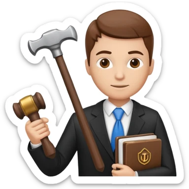 Create an emoji symbolizing the legal support of the business and financial assistance from accountants. The image should combine the image of a lawyer with a hammer of justice and an accounting book next to the logo of a reliable company protecting the interests of business. sticker