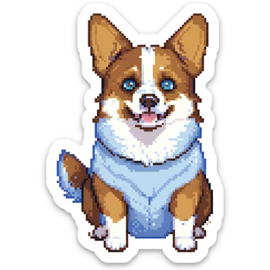 anthropomorphic corgi with black fur, white underbelly, left brown eye, light blue right eye, scared expression sticker