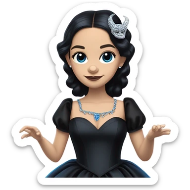 relaxed low-cut back silky black evening ball gown with lace gloves, Jenna Ortega as Wednesday Addams wearing a mini diamond tiara showing off blood blue cute horned old dragon hand-puppet sticker