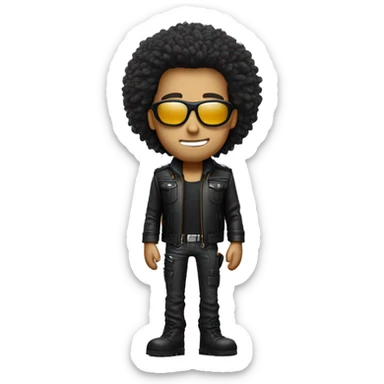 Big hair, slender face, eyes look like as he’s high, cool leather jacket with cargo pants and accessories sticker