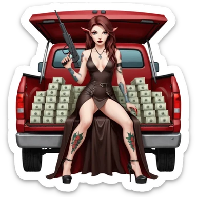 Lilith model red eye seductress evil long brown haired sexy succubus woman with leather long dress with slit, sitting in Big Large F350 pickup truck. Black Platform high heels on feet. Tattoo sleeve arms, seat full of stacks of cash, and a man dead human skull of her enemies and a gun in other hand sticker