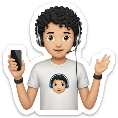 emoji of a teenage boy, curly black hair, wearing a t-shirt and headphones, cheerful look sticker