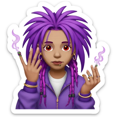 A purple weed smoking emoji with purple dreads, red eyes, hands full of rings, and wearing airforce1 shoes  sticker