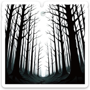 dark forest scene, the entire world covered in darkness. The sky is deep black with no stars or light, no moon, no glow just total void and silence. The atmosphere feels ominous and unsettling, as if darkness has swallowed everything. No characters, no visible light sources sticker