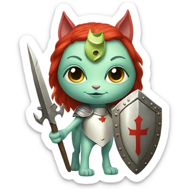 medieval shield: [politically incorrect, (
	{ female, alien, color: light green, hair:red, eyes:cat} ]
	on a 
	[{ unicorn: white, legged:four, mane: light blue }]) sticker