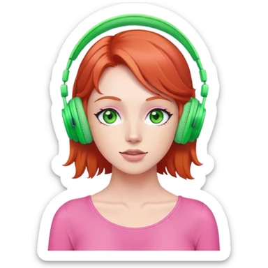 Red head with green eyes listening to music on pink wireless headphones  sticker