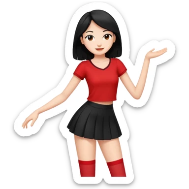Chicas esbelta con falda corta negra y top rojo,pelo semi largo negro y lacio  super feliz,pero bailando sticker