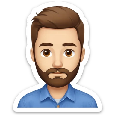 Head portrait of Puerto Rican actor René Monclova. Round face, wide jaw, light complexion. Expressive brown eyes, thick eyebrows. Short brown hair. Unkempt beard, medium length and brown. Friendly expression. Wearing a blue button-up shirt. sticker