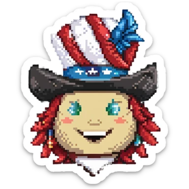 pixel art of Yankee Doodle's head, Tricorne hat with a feather, smiling sticker