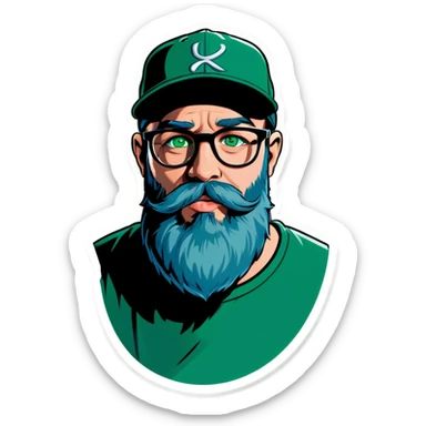 A bold man with a grey baseball cap, green eyes, big beard and glasses sending kiss sticker