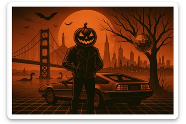 Add a disco ball hanging from the tree and small dinosaurs in the water.  make the cityscape of San Francisco including Coit Tower, TransAmerican Building.  sticker