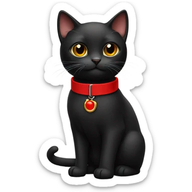Small black cat wearing red collar with belt sticker