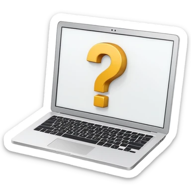 laptop open displaying a large question mark sticker