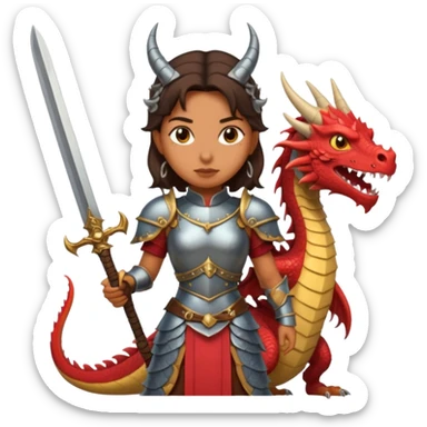 Fierce Latina in armor with a sword next to beheaded dragon sticker