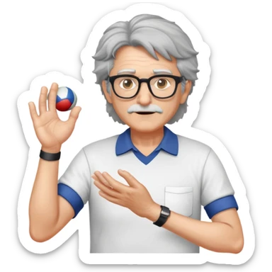 older professor with salt-and-pepper hair and glasses wearing shirts, no mustache, with hands positioned as if grabbing an invisible rugby ball sticker