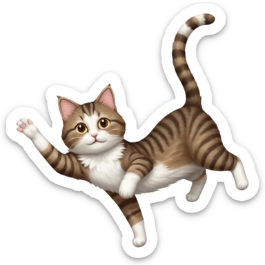 dark brown tabby and white cat with doing a big extremely long stretch reaching up into the air with arms and legs side by side together straight and overextended whilst lying on its side sticker