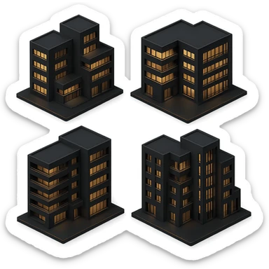Create four variations of this new residential complex in 3D Black style, each with different modern architectural features and layouts. Emphasize depth, lighting, and a sleek, contemporary look. sticker