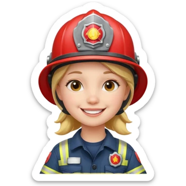 Young girl, firefighter helmet, smiling brightly sticker