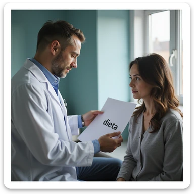 hyperrealistic 4K image of a male nutritionist in a white coat giving a sheet with the word 'dieta' to a seated woman in a medical office, variation 6 sticker