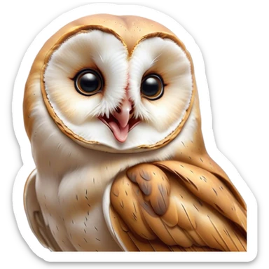 Cinematic Cute Yawning Barn Owl Portrait Emoji, Head tilted slightly with a dramatic, wide-open yawn, showcasing a soft, mottled plumage with subtle brown accents and gently drooping feathers, round amber eyes barely open in drowsy contentment, Simplified yet irresistibly adorable features, highly detailed, glowing with a soft, cozy glow, high shine, relaxed yet expressive, stylized with a touch of nocturnal whimsy, bright and endearing, soft glowing outline, capturing the essence of a sleepy yet affectionate owl, so drowsy it feels like it could glide out of the screen and curl up for a nap! sticker