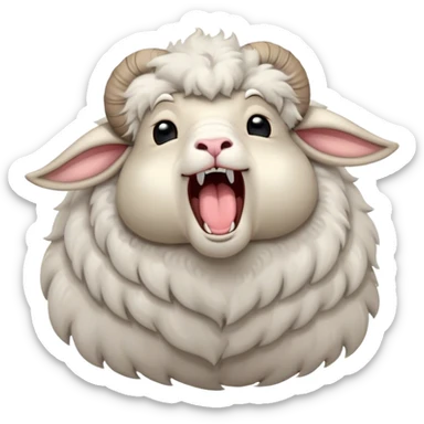 Cinematic Cute Yawning Ram Portrait Emoji, Head tilted slightly with a dramatic, wide-open yawn, showcasing a soft, woolly grey fur with gently drooping horns and ears, round dark eyes barely open in drowsy contentment, Simplified yet irresistibly adorable features, highly detailed, glowing with a soft, cozy glow, high shine, relaxed yet expressive, stylized with a touch of rugged whimsy, bright and endearing, soft glowing outline, capturing the essence of a sleepy yet affectionate ram, so drowsy it feels like it could stretch out of the screen and curl up for a nap! sticker