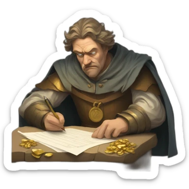 middle ages taxman, angry, writing on a paper, pile of gold sticker