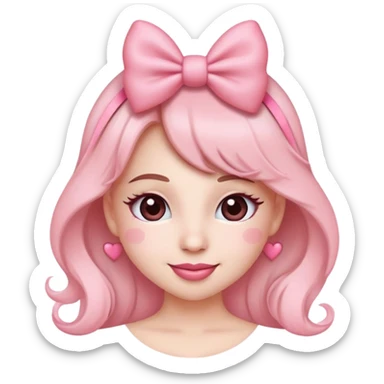 Ultimate coquette emoji with big pink bow, rosy cheeks, batting eyelashes, sweet smile, heart accents, ultra feminine, dainty, soft pink color palette sticker