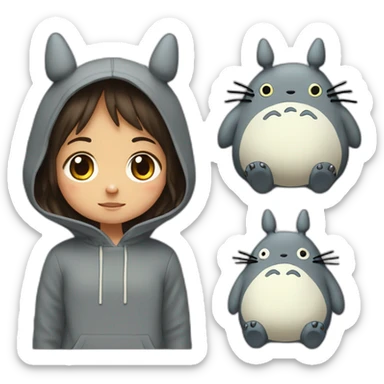 Fille Brune avec un sweat-capuche Totoro avec les couleurs de Totoro sticker
