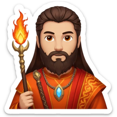 Vulcan, Fire God from Rome Mythology with long dark brown hair and beard, orange and red outfit, light tan skin sticker