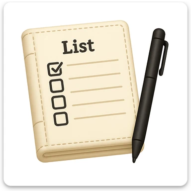 emoji of white leather notebook with some list on it and a black pen nearby sticker