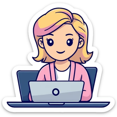 blonde woman in a pink cardigan working on a laptop sticker