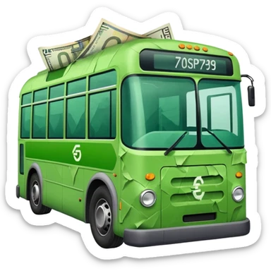 green electric bus with large euro bill marked with 0 sticker