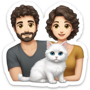 Family with dad brown eyes short dark hair, mother blue eyes curly brown hair, baby older 5 months, one Persian cat sticker