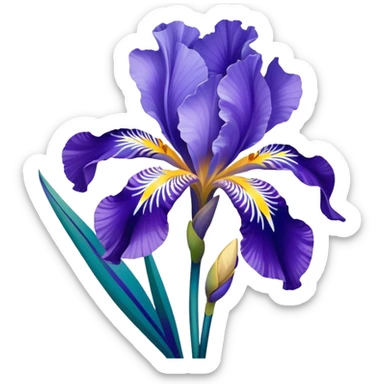 Japanese style iris flower (hanashobu) with elegant simplified lines like in ukiyo-e art, blue-purple color, traditional composition with flowing brush-like strokes sticker