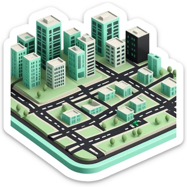 Urbanisme & Aménagement (Urban Planning), 3D technical icon with black and mint green (#B5F4D3), detailed zoning plan with cross-sections and regulatory boundaries sticker