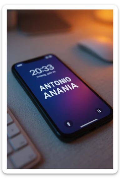A photo of an iPhone on the desk with the message "Antonio Anania" on its screen, The phone sits atop a desk with a blurred background that suggests work environment. A faint glow from above casts gentle shadows across the surface of each object, creating depth and highlighting their textures sticker