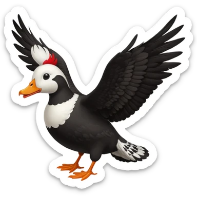 Muscovy Duck, simple emoji style, flying, wings spread, black and white pattern, red face sticker